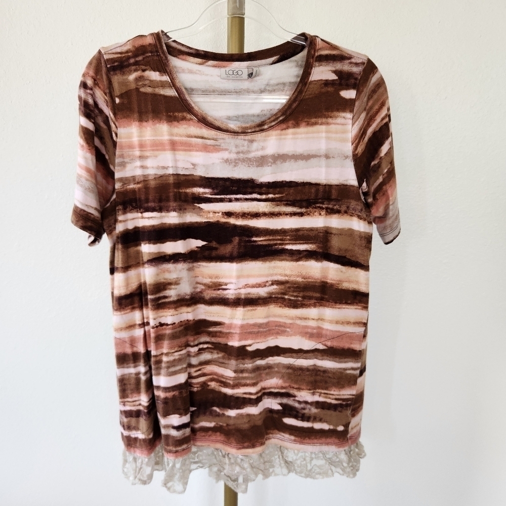 LOGO Lori Goldstein Short Sleeve Lace Hem Tunic Top Womens Size Medium Brown